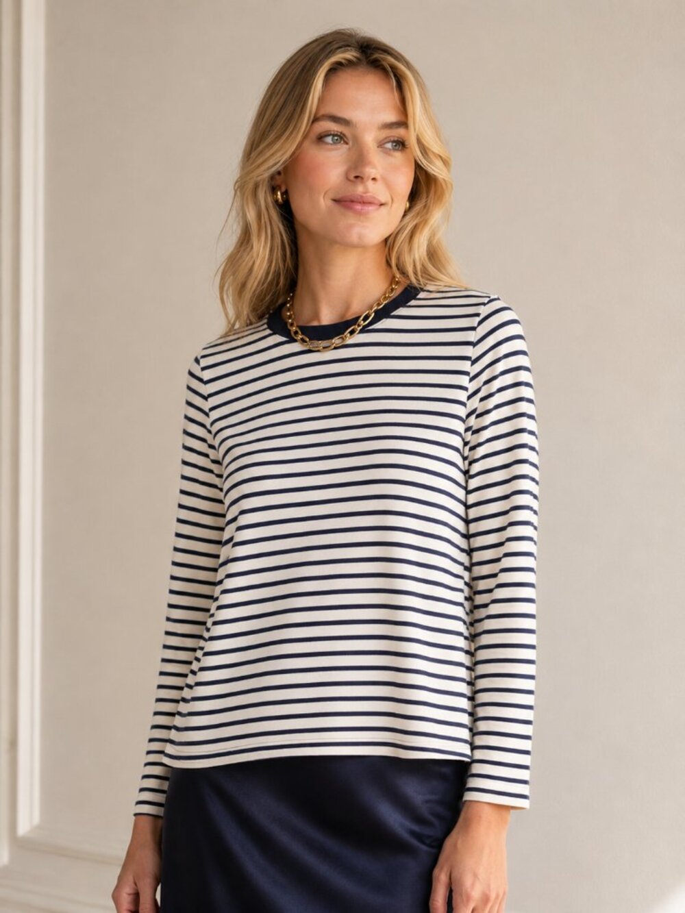 TUCKERNUCK Pomander Place Navy Striped Knit Popover